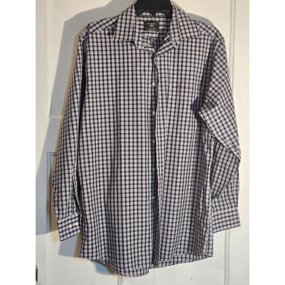 Dockers Mens Iron Free Button Down Shirt Navy Blue Plaid Long Sleeve Size M 15.5